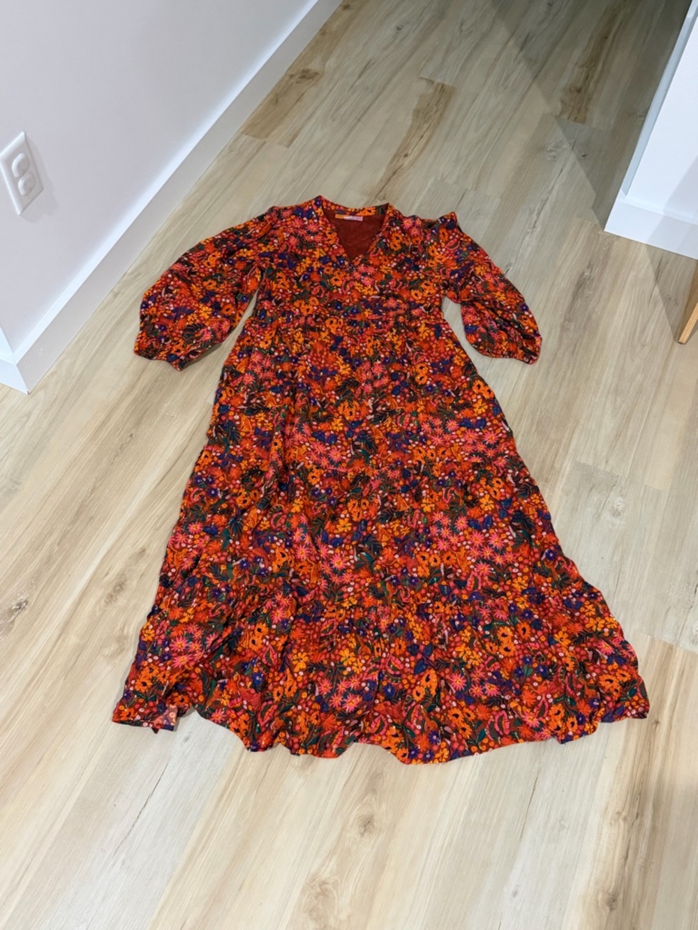 Floral V-Neck Long Sleeve Maxi Dress in Red Multi